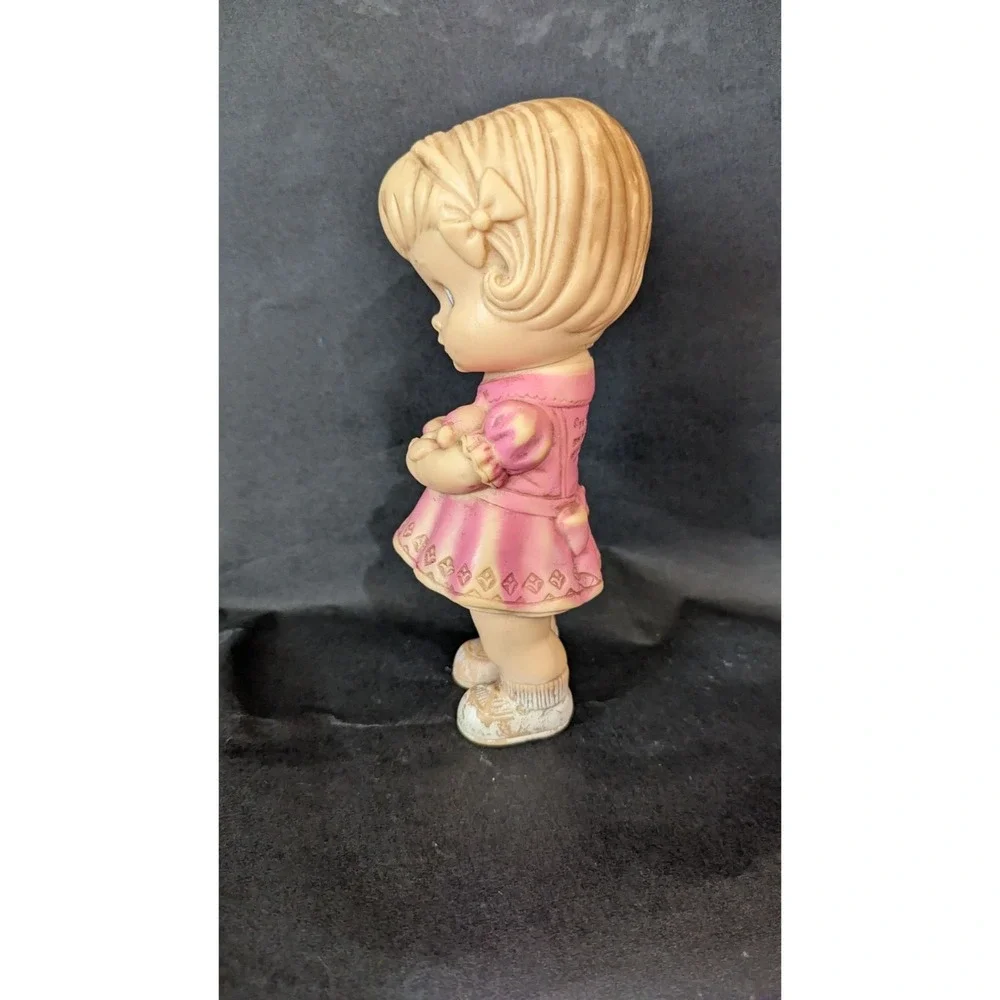 Vintage Edward Mobley Co Rubber Doll Girl Pink Dress Teddy Bear 1960s Squeak Toy